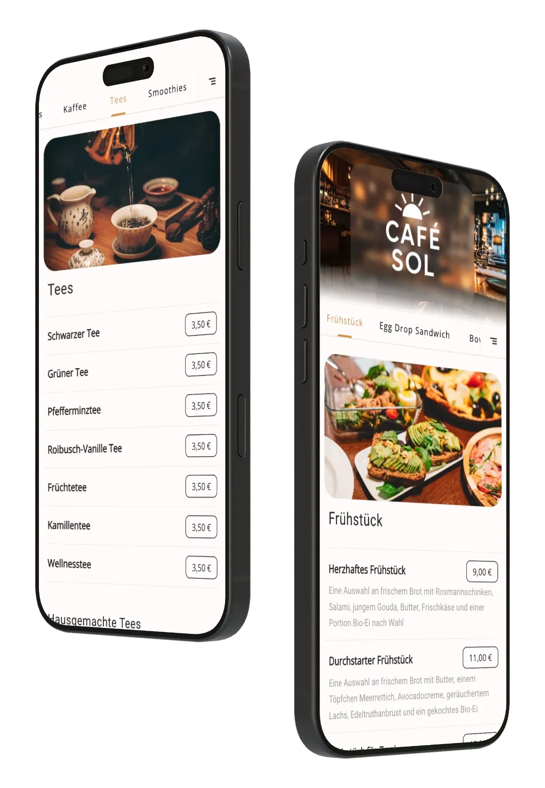 Zwei Smartphones, auf denen die Digitale Speisekarte von Servely zu sehen ist.