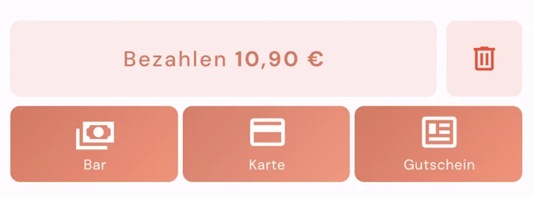 Ein Ausschnitt der Oberfläche des Servely Event-Kassensystems. Zu sehen sind mehrere Knöpfe im Warenkorb, die für einen schnellen Abschluss einer Zahlung verwendet werden.