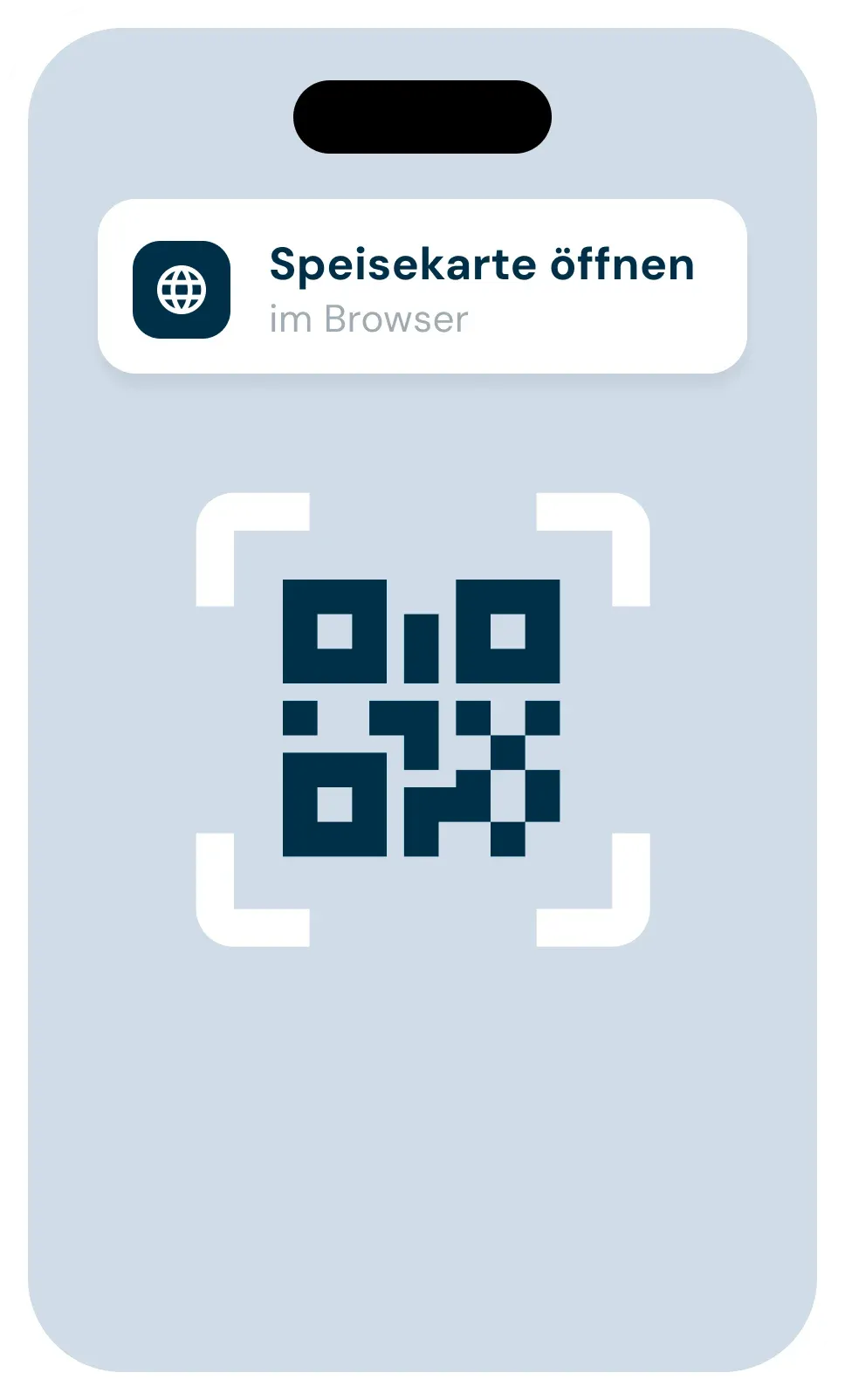 Eine Illustration eines Smartphones, das gerade einen QR-Code scannt, um die digitale Speisekarte im Browser zu öffnen.